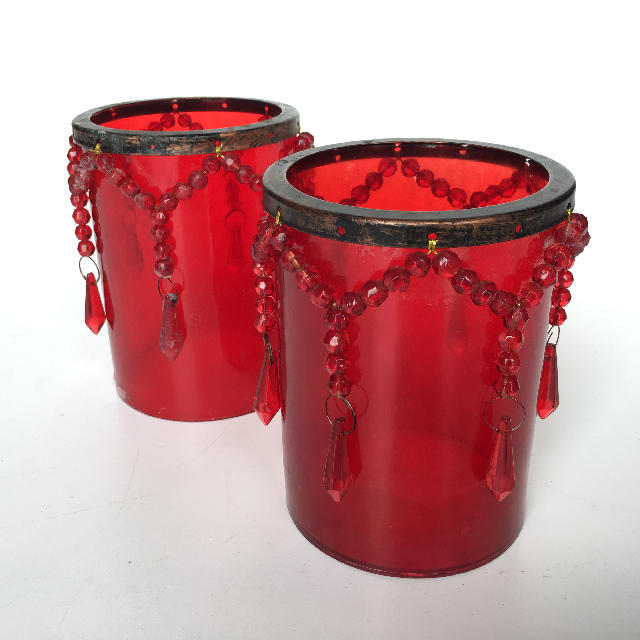 CANDLE HOLDER, Red Glass w Bead Detail