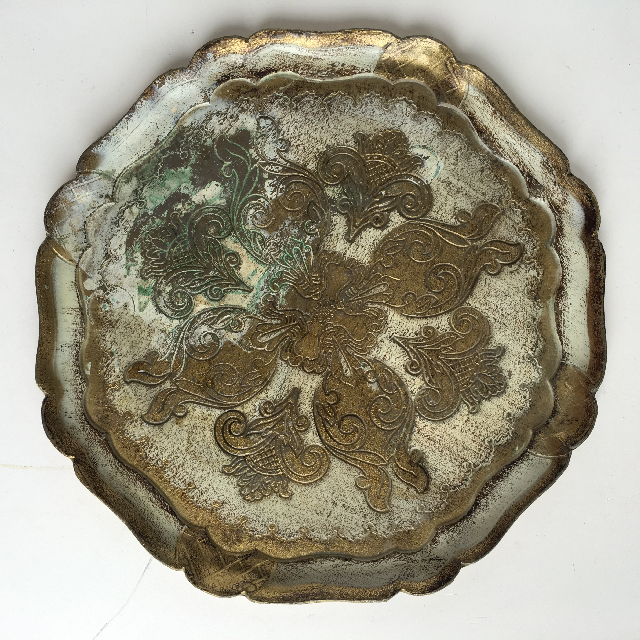 TRAY, Round Ornate Wooden Gold White 