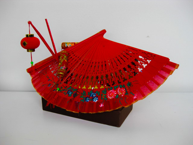 CENTREPIECE - Red Fan Mounted on Silk Covered Box