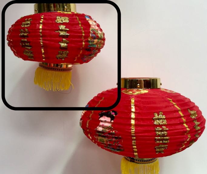 LANTERN, Asian - Chinese Red Silk w Gold People & Fringe 30 x 30cm L (Large)