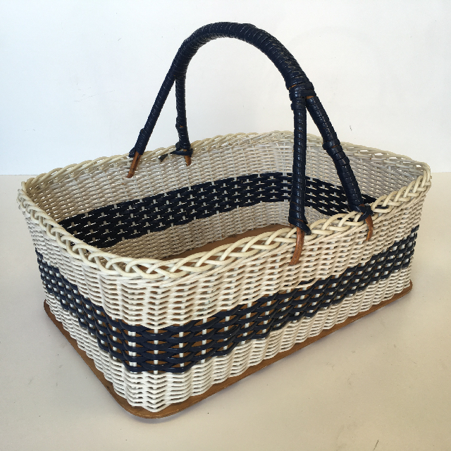 BASKET, Shopping - 1950s White & Blue Wicker