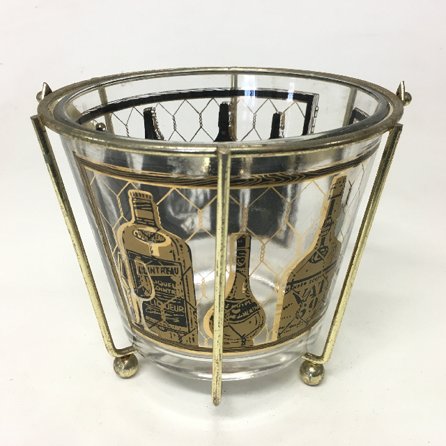ICE BUCKET, 1960s Glass w Black Gold Liquor Bottles