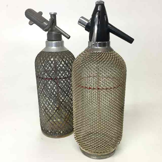 SODA SYPHON, Vintage Glass w Metal Mesh