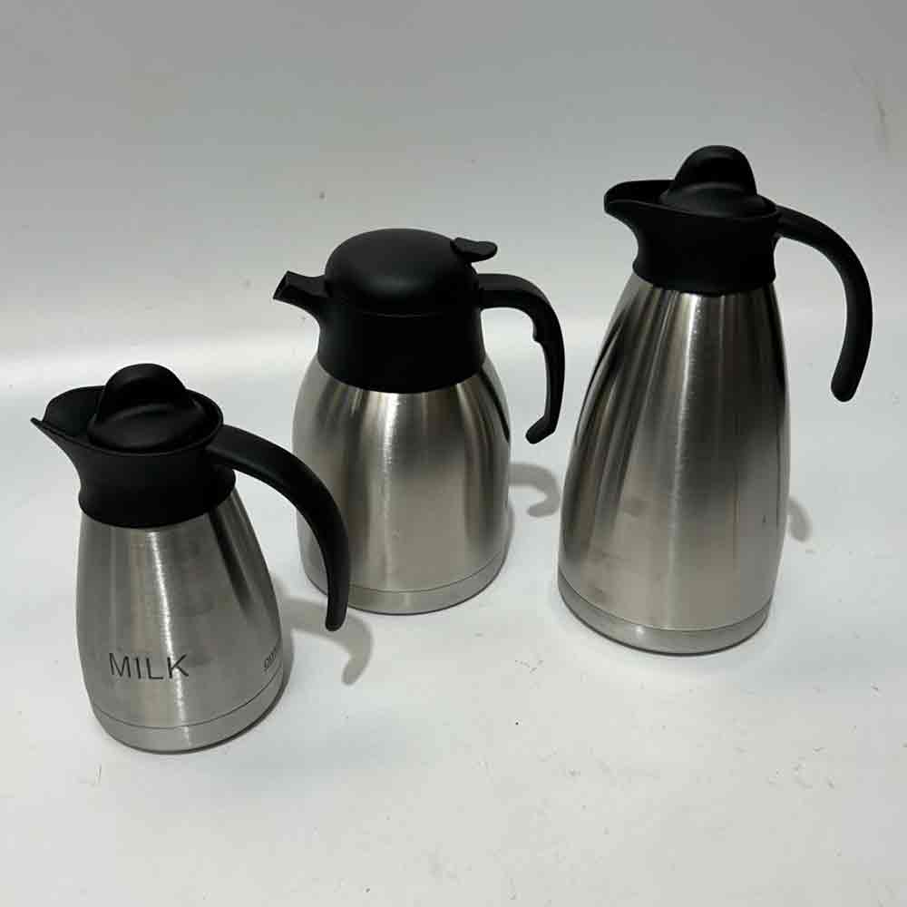 JUG, Stainless Steel w Black Top Handle - Milk 17cmH / JUG0069 - Coffee 20cmH / JUG0070 - Hot Water or Tea 25cmH 