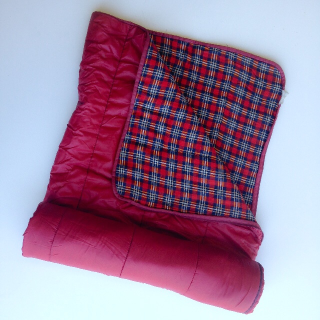 SLEEPING BAG, Red w Red Blue Tartan Lining