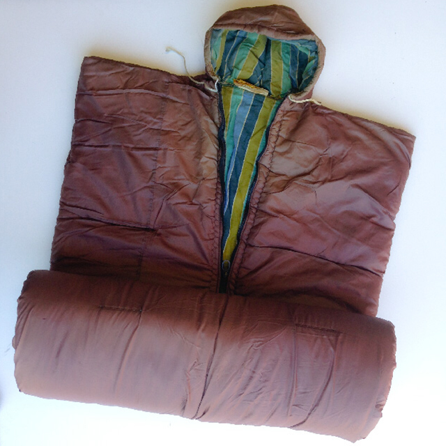 SLEEPING BAG, Retro Brown w Stripe Lining and Hood