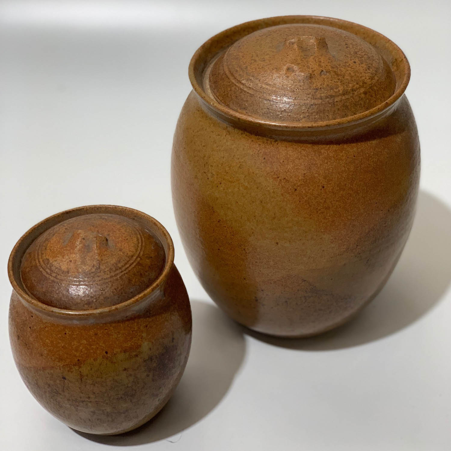CANNISTER, Stoneware or Pottery Glazed Brown w Broken Lids (Set of 2)