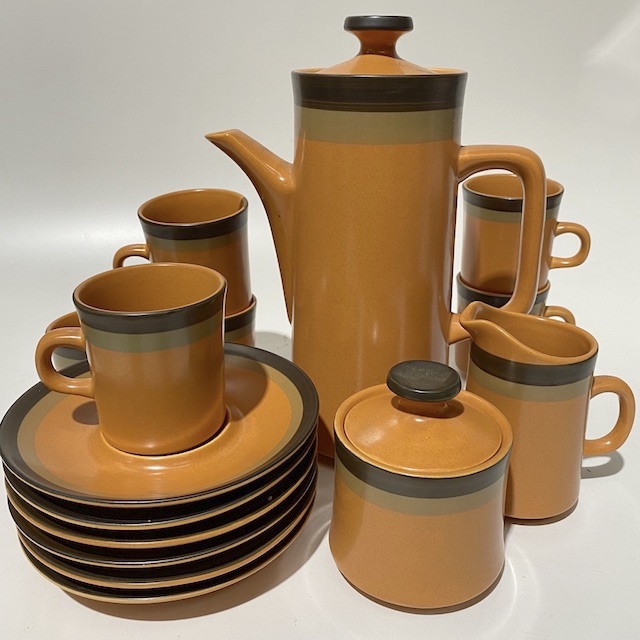 DINNERWARE, 1960s Set - Orange Stripe Stoneware & TEA POT