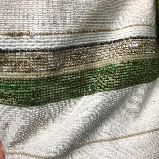 CURTAIN, Pair 1970s Cream Woven Green Stripe 240cm x 150cmD