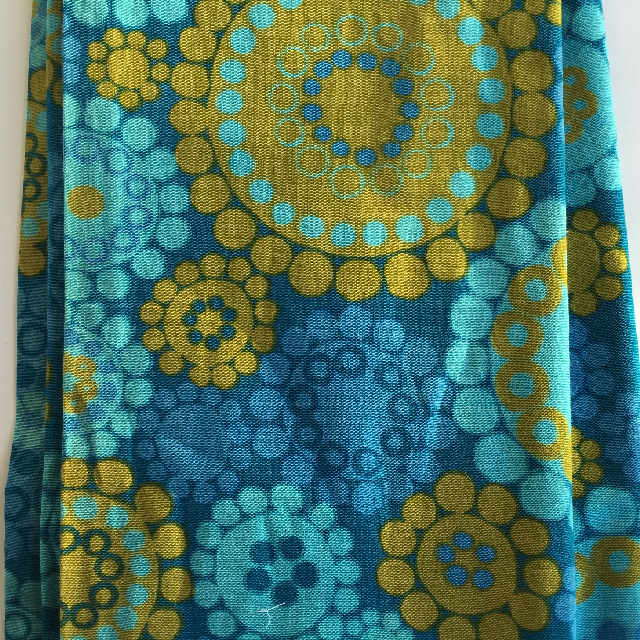 CURTAIN, Pair 1970s Blue Olive Abstract Flowers