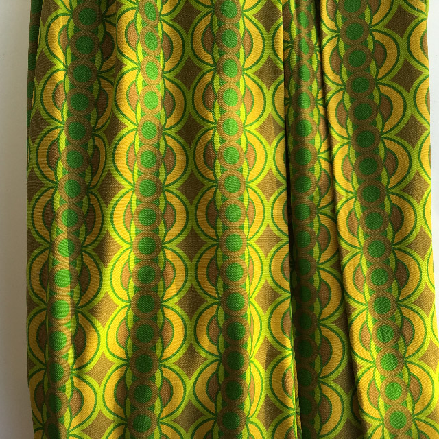 CURTAIN, Pair 1970s Green Brown Gold Retro 60cm x 2.1m drop