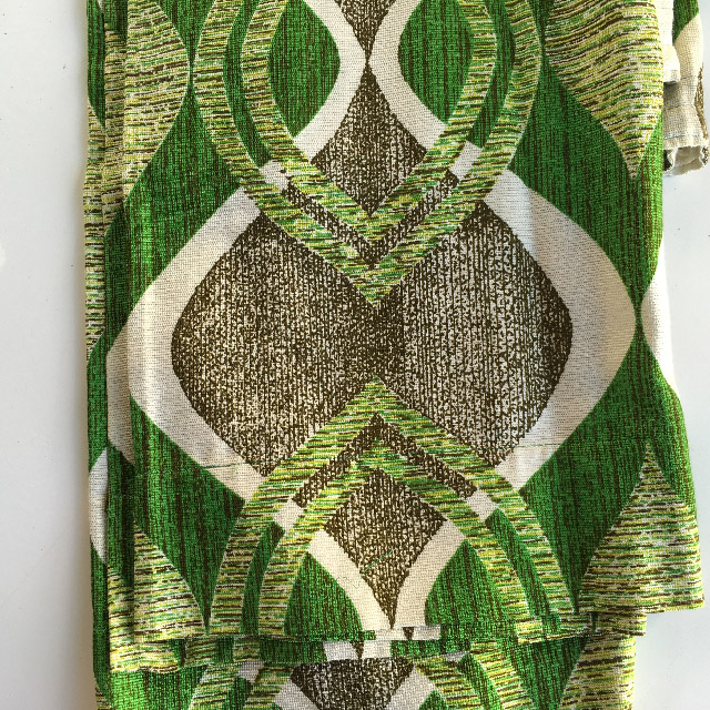 CURTAIN, Pair 1970s Green Brown Retro Link Pattern