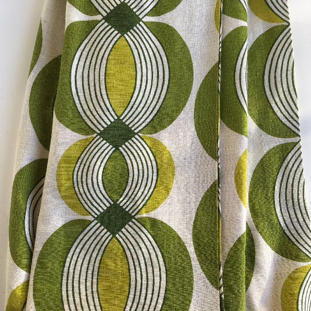 CURTAIN, Pair 1970s Green Lime White Retro 1.5m x 2.1m drop