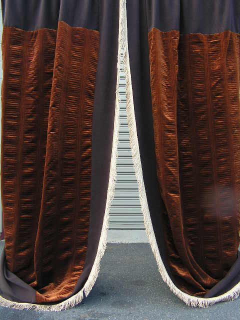 CURTAIN, Brown Velvet w Gold Fringe 1.1m x 3.5m drop