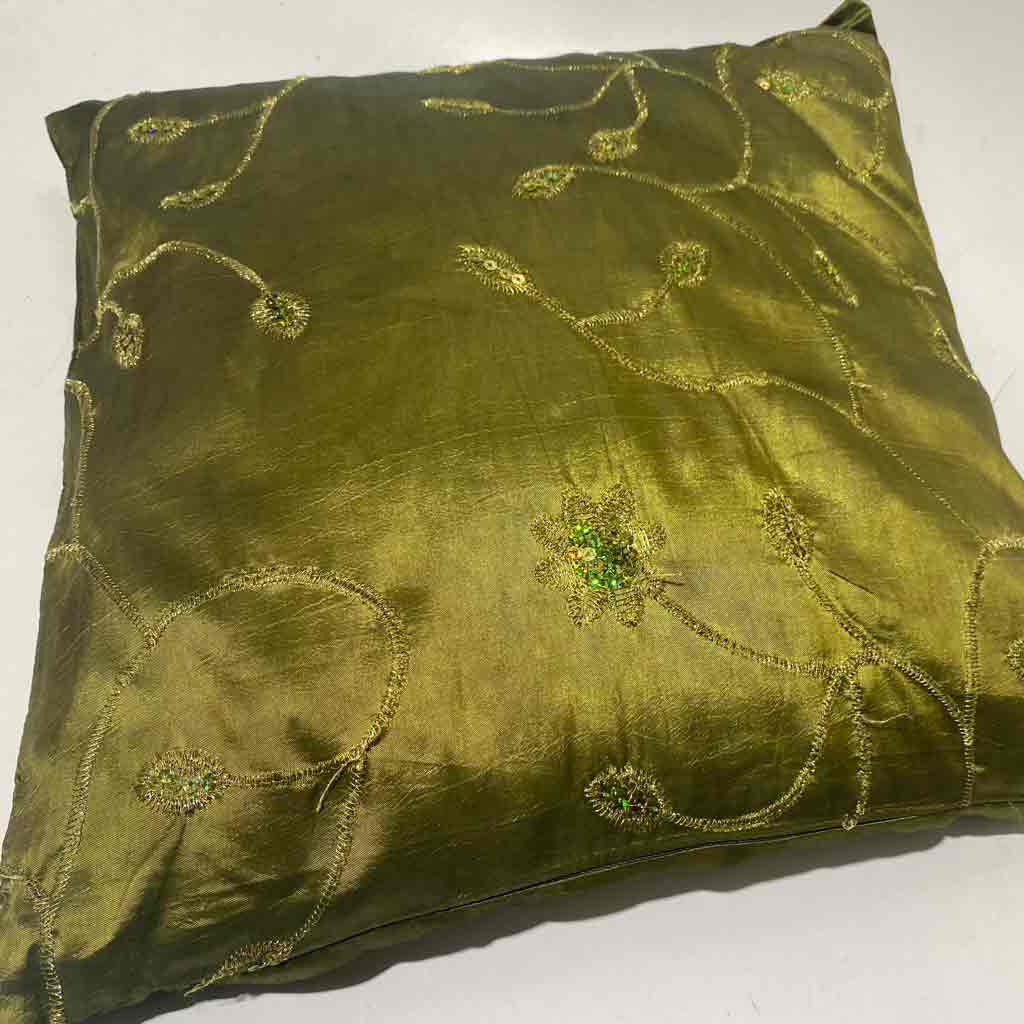 CUSHION, Green - Olive Silk w Beaded Embroidery
