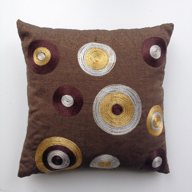 CUSHION, Brown w Embroidered Circles