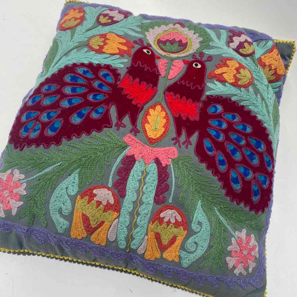 CUSHION, Indian -  Embroidered Design w Peacocks