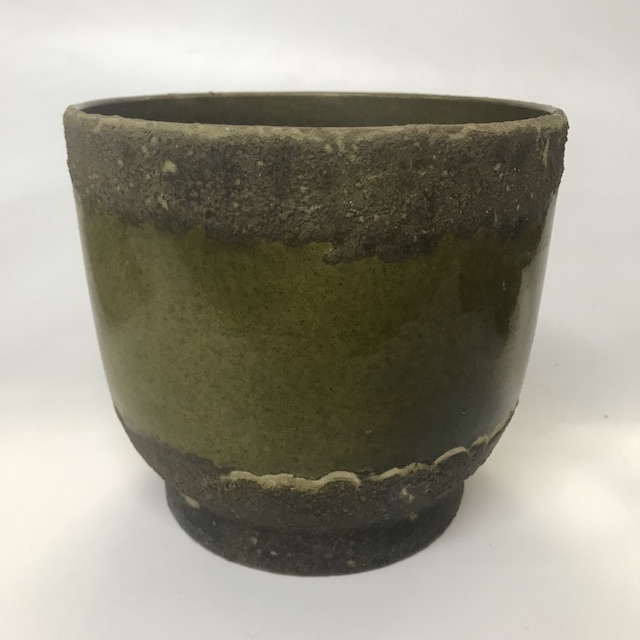POT, Ceramic Plant Pot Round - 1960s Olive Green German Style