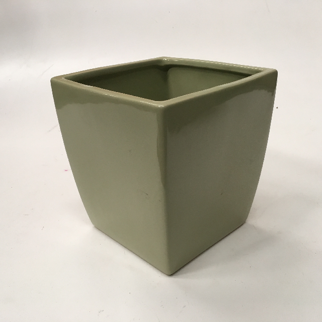 POT, Ceramic Plant Pot Square - 1960s Olive Green German Style