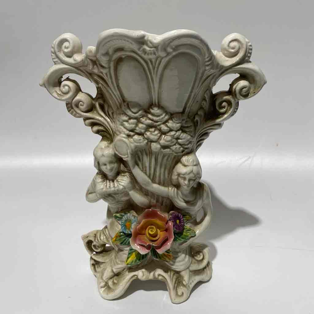 VASE, Antique - White w Pink Rose and Girls 40cmH