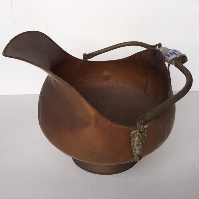 COAL SKUTTLE Brass w Porcelain Handle