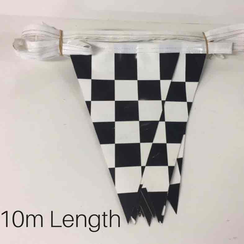 BUNTING, Grand Prix Vinyl Triangle Flags - Black & White Check (Assorted lengths available)