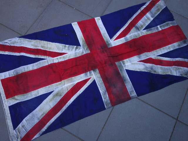FLAG, British Union Jack Stitched Cotton - Aged Yellowed 90 x 180cm