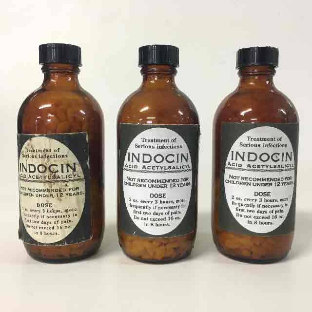 BOTTLE, Medical Small Brown Glass w Indocin Label