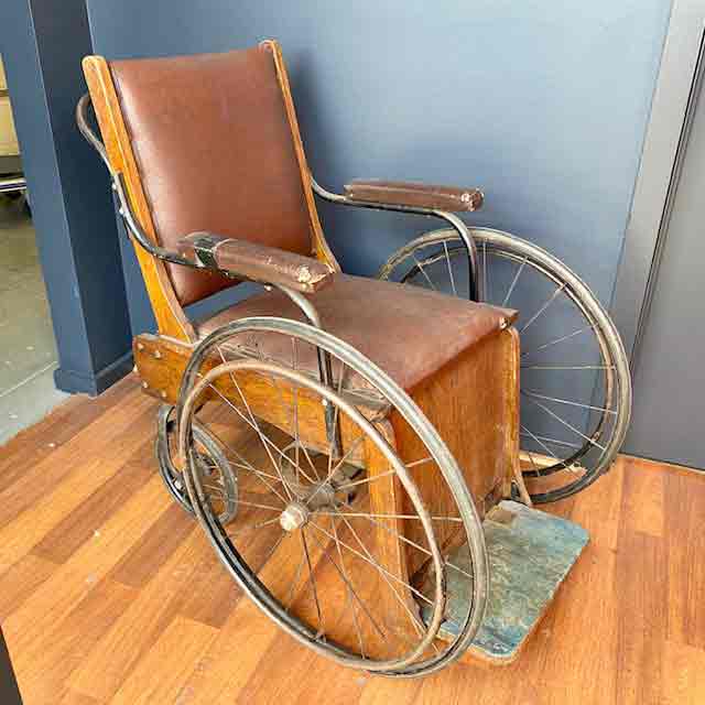 WHEELCHAIR, Vintage Wooden w Brown Leather
