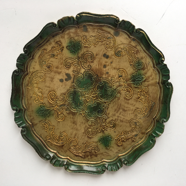 TRAY, Round Ornate Wood Gold Green 