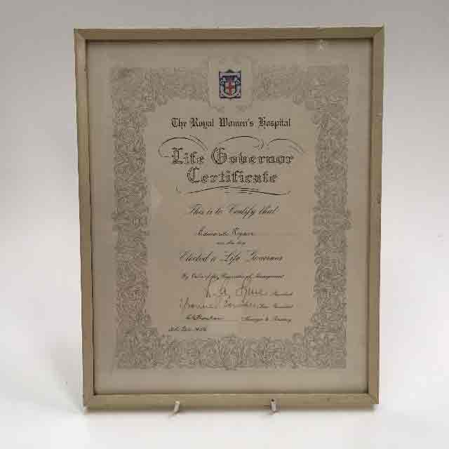 CERTIFICATE, Medical Life Governor - Royal Womens Hospital