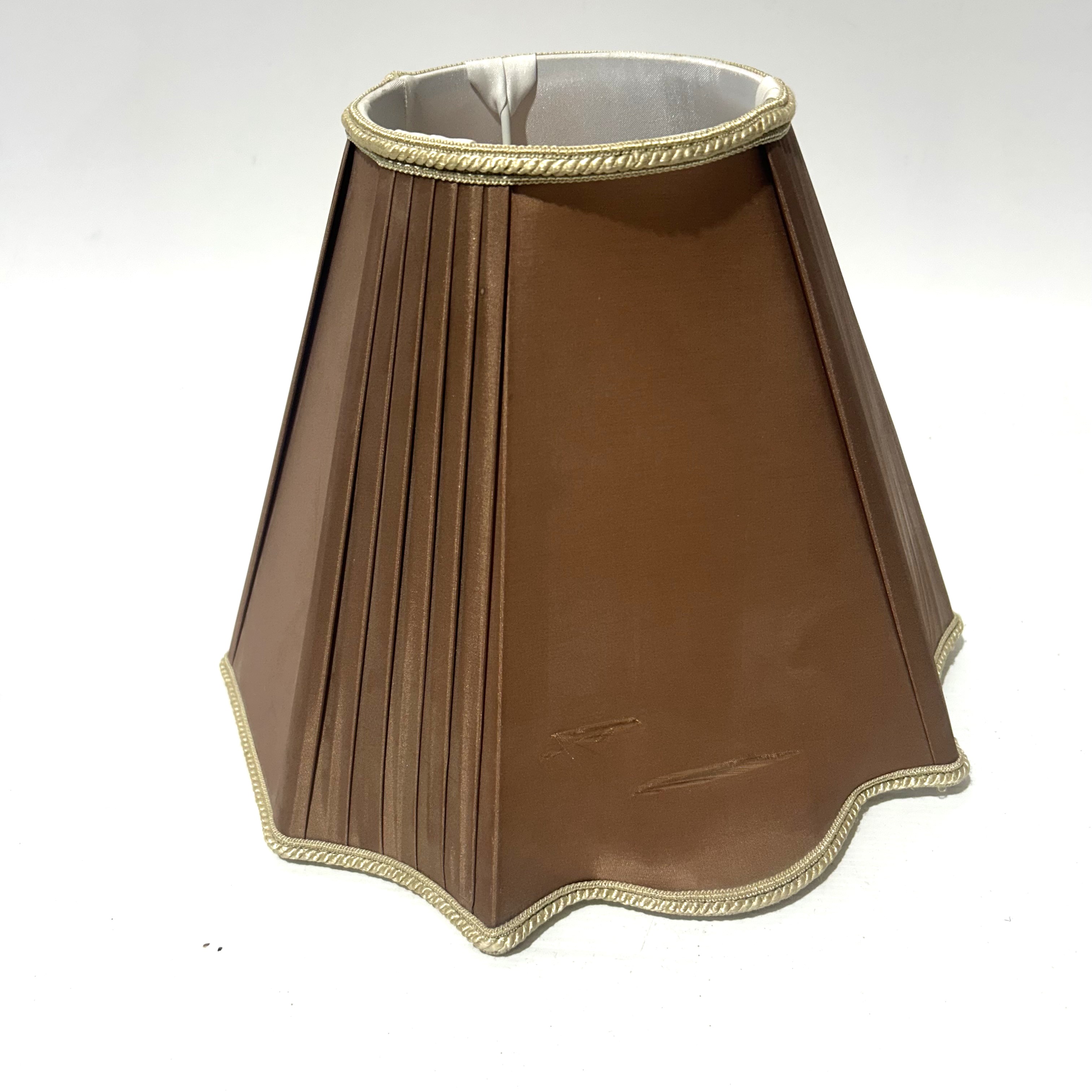 LAMPSHADE, Brown Pleated Silk  w Gold Trim - Has Tear on One Side