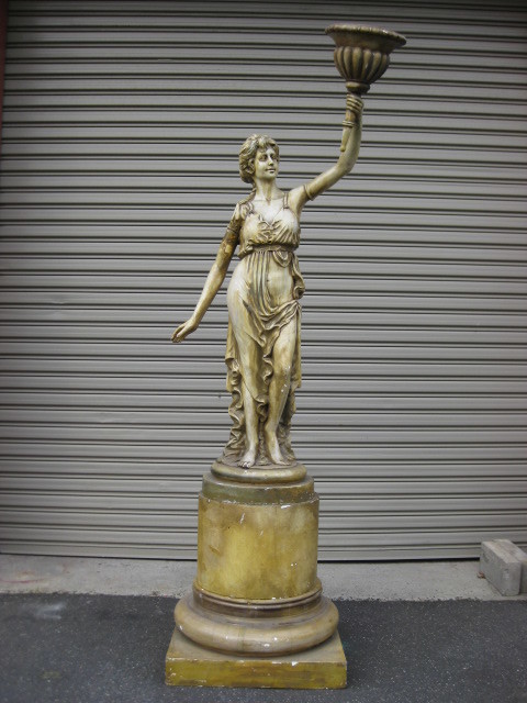 STATUE, Lady w Torch on Round Plinth - 70cm W x 2.4m H