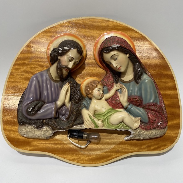 WALL PLAQUE, 1950s Mary, Joseph and Baby Jesus 52cm W