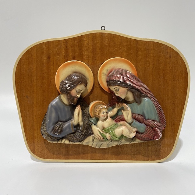 WALL PLAQUE, 1950s Mary, Joseph and Baby Jesus 42cm W