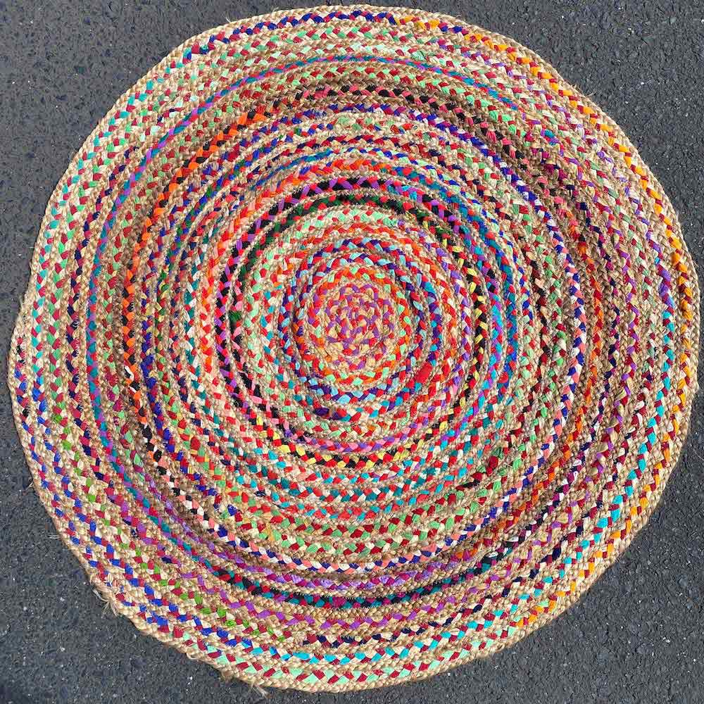 RUG #088, Hand knotted Multicolour and Jute - Round 120cm