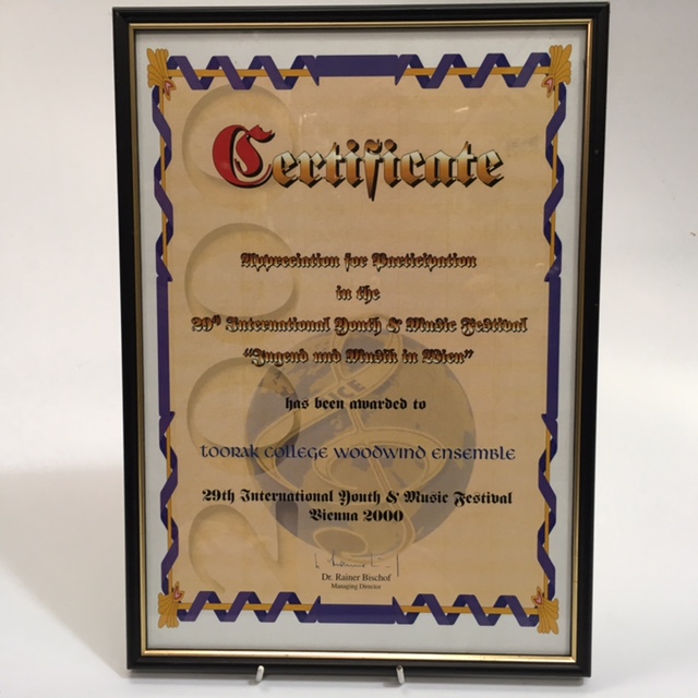CERTIFICATE, Toorak College Woodwind Ensemble