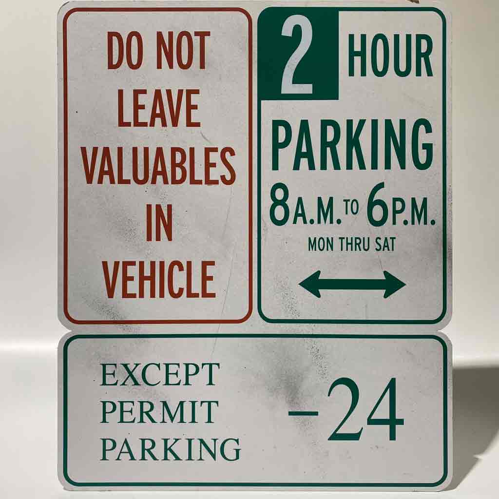 SIGN, Parking - Valuables, 2 Hour Parking and Permit 55 x 65cm