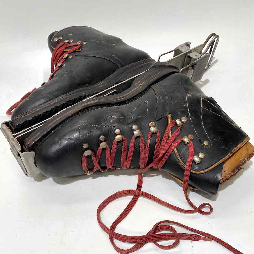 SNOW SHOES, Black Leather Red Laces w Holder, Vintage