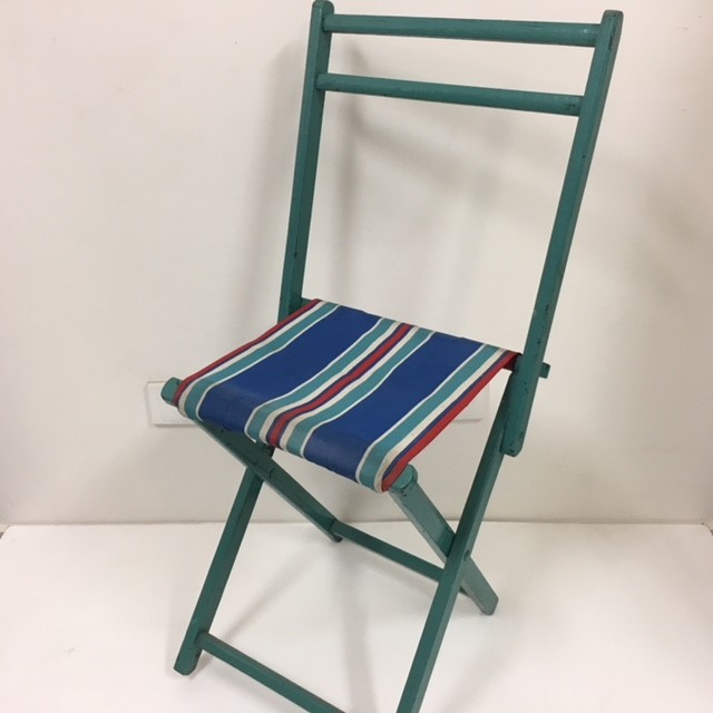 STOOL, Camp - Timber Folding (with back) Aqua Frame, Blue Red White Stripe Vintage Canvas