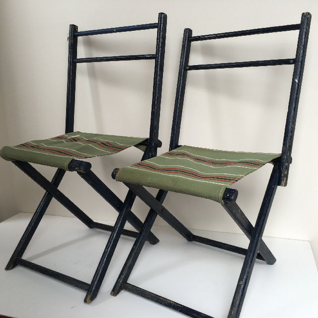 STOOL, Camp - Timber Folding (with back) Blue Frame, Green Stripe Vintage Canvas