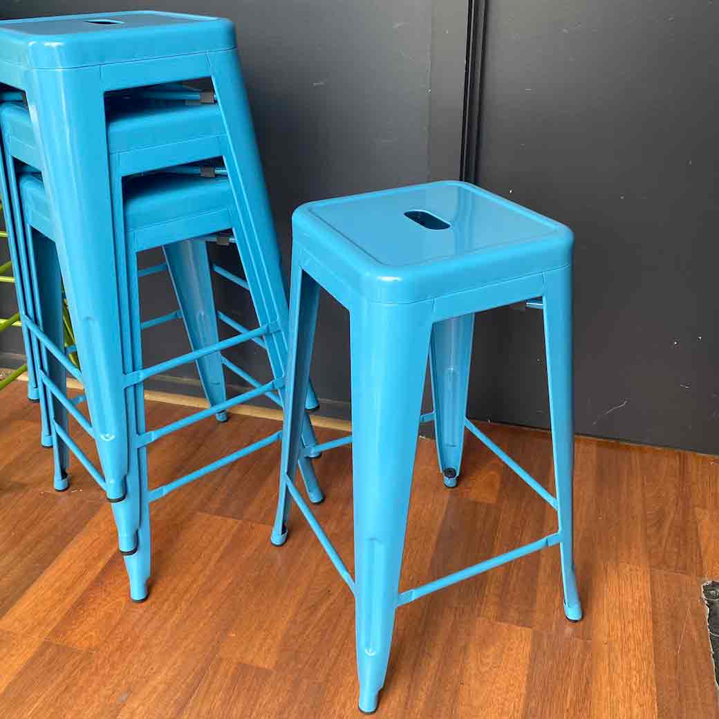 STOOL, Bar Stool - Tolix Style Blue Metal 70cmH