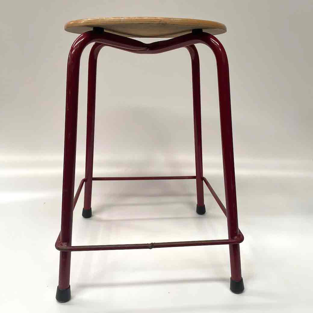 STOOL, Round Beech Seat w Dark Red Metal Frame Legs 55cmH