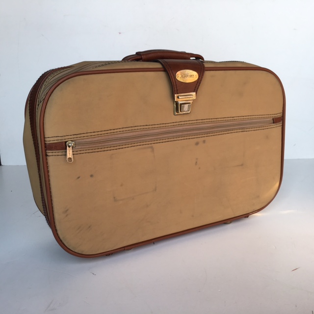 SUITCASE, Small Tan w Brown Vinyl Trim Airport - 1970-80s