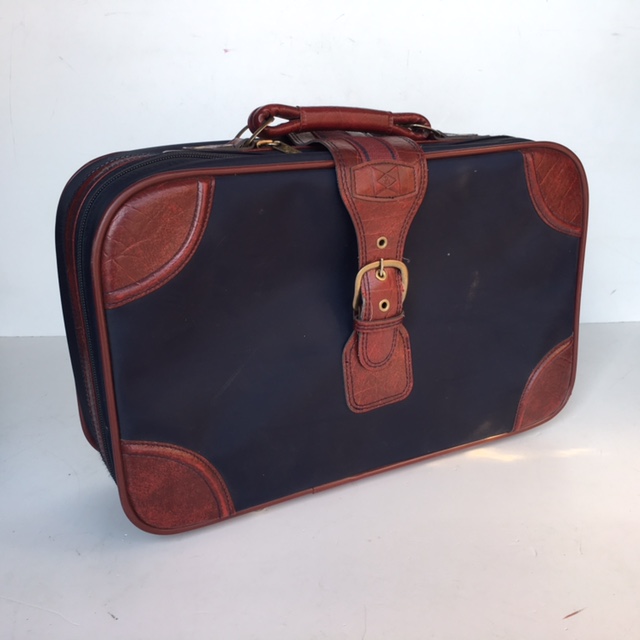 SUITCASE, Cabin Bag - Small Navy w Burgundy Vinyl Trim 1970-80s