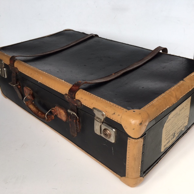 SUITCASE, Vintage Style - Large Black Leather w Tan Trim