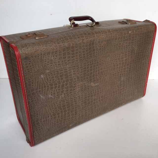 SUITCASE, Vintage Style - Large Brown Faux Croc w Burgundy Trim