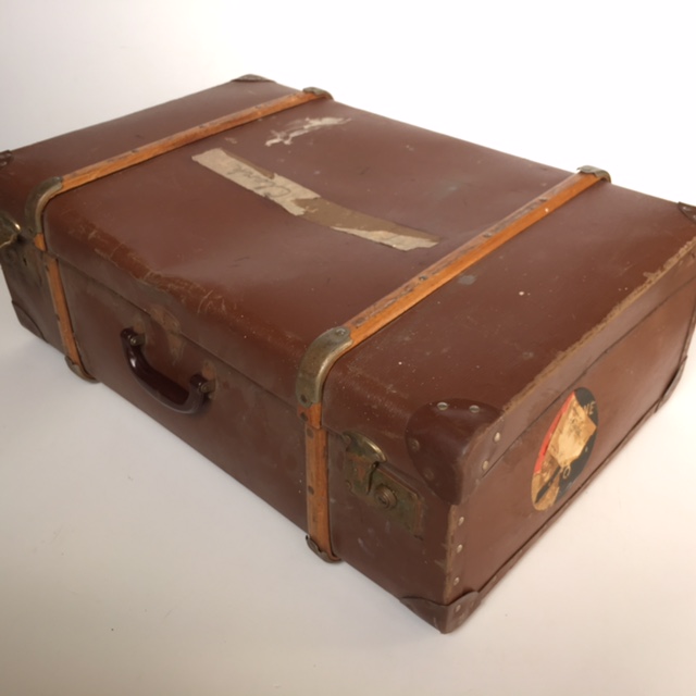 SUITCASE, Vintage Style - Large Brown w Timber Strapping
