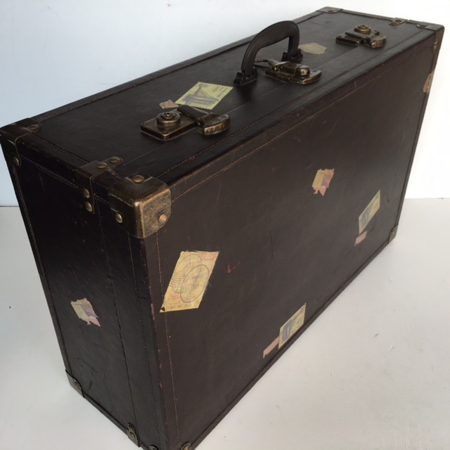 SUITCASE, Vintage Style - Large Dark Brown Faux Leather w Stickers