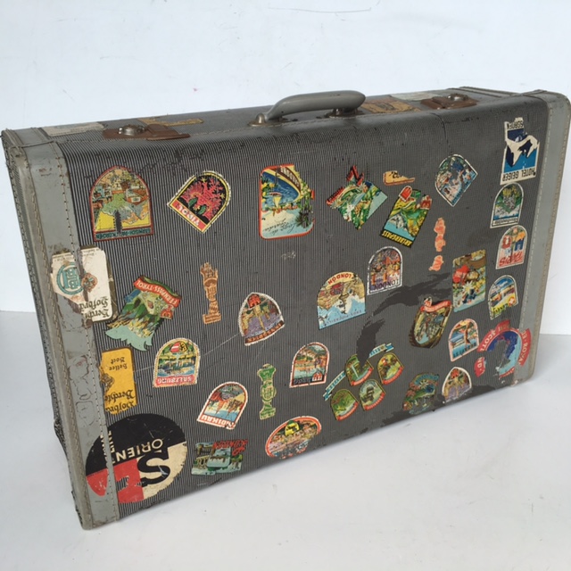 SUITCASE, Vintage Style - Large Grey Globite w Travel Stickers